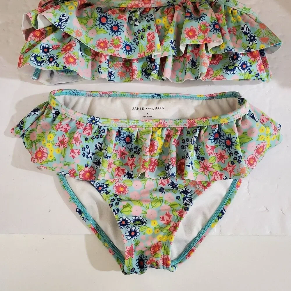 Janie and Jack Swim Shop Mint Ditsy Floral 2-Piece Swimsuit Bikini Size 5